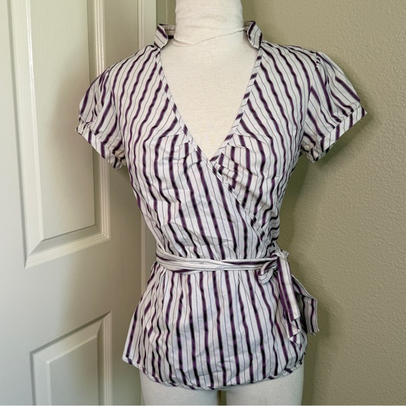 Express Studio purple striped cap sleeve wrap blouse M - Picture 2 of 11